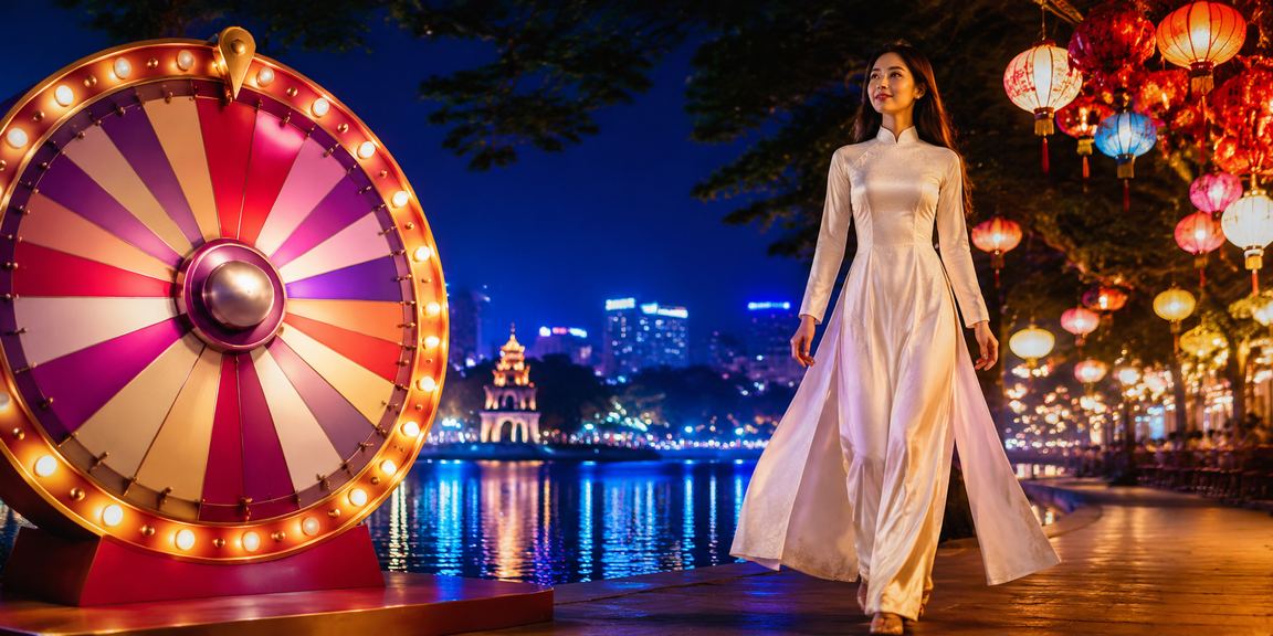 Phụ nữ mặc áo dài tại Hà Nội tham gia chương trình quay số may mắn lễ hội