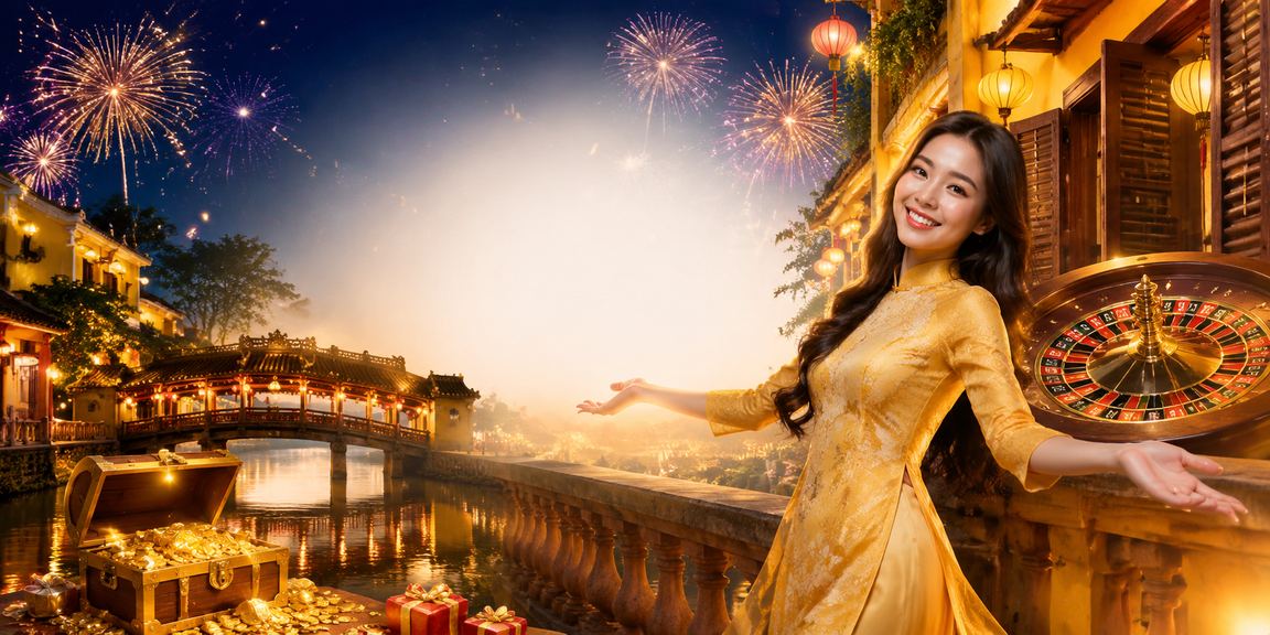 Khung cảnh lễ hội Hội An về đêm với bàn roulette được chiếu sáng lung linh